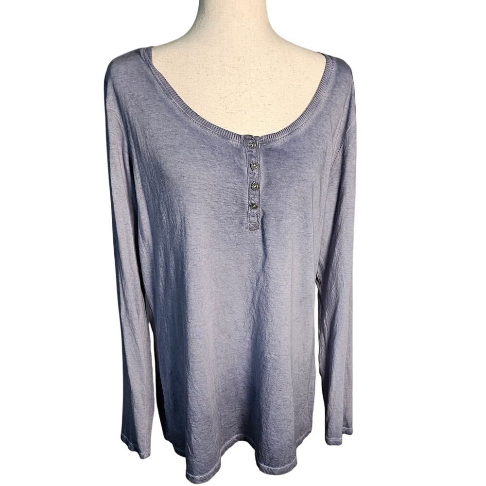 Women's Long Sleeve Scoop Neck Henley Top in Burntout Blue with silver buttons